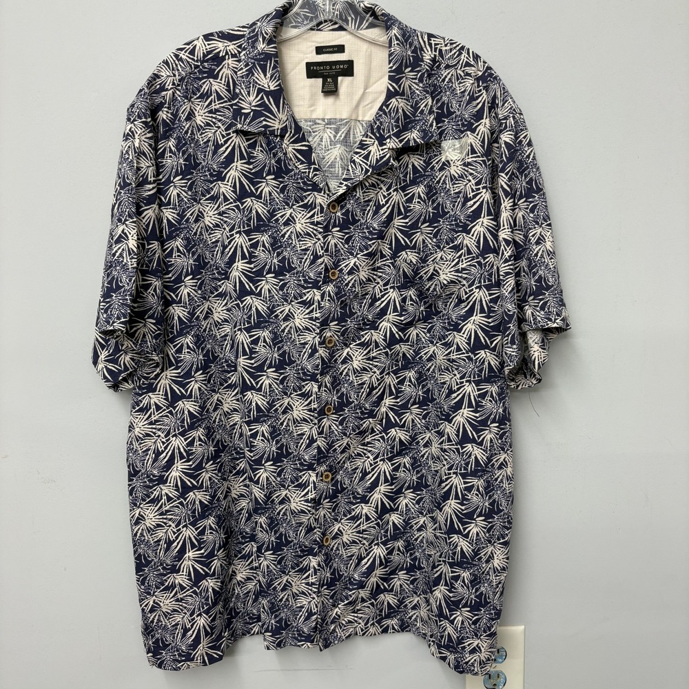 Pronto Uomo Mens XL Silk Blend Tropical Bamboo Leaf Camp Shirt Blue Hawaiian